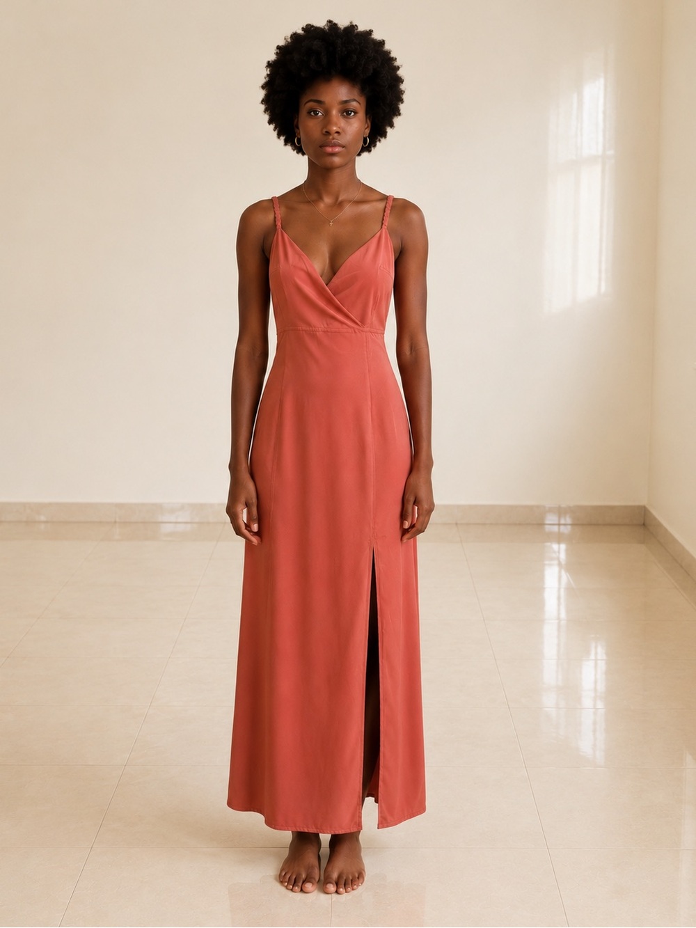 Abercrombie & Fitch Twist-Front Smocked Midi Dress Coral Thigh Slit- Size XS